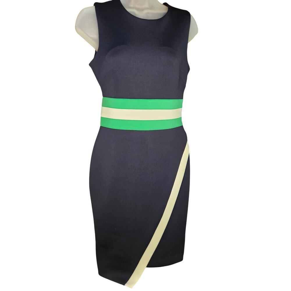 Tommy Hilfiger Navy Shift Dress Sz 2 Zip Back Green/White Striped Sleeveless - Picture 2 of 9